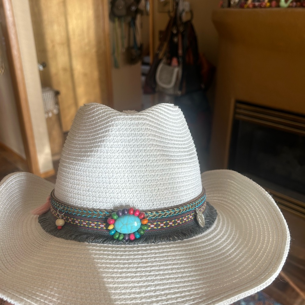 Stylish White Cowboy Hat with Colorful Band - Picture 2 of 3